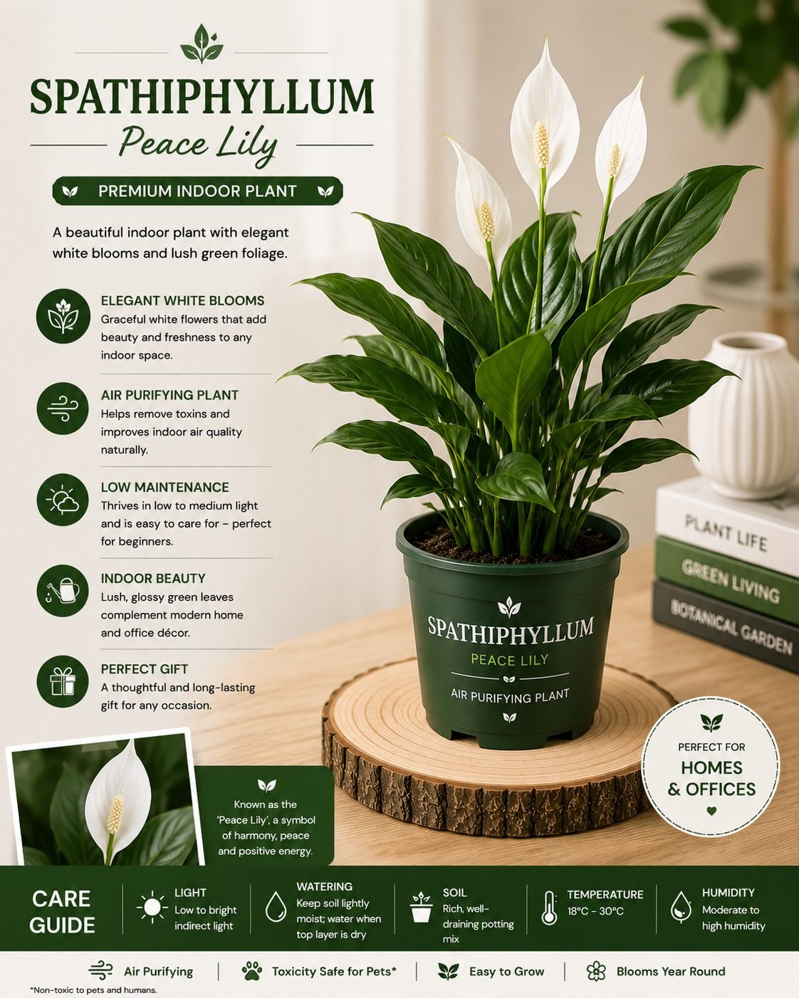 Spathiphyllum (Peace Lily) – Indoor Air Purifying Plant - Premium Peace Lily Flowering Houseplant