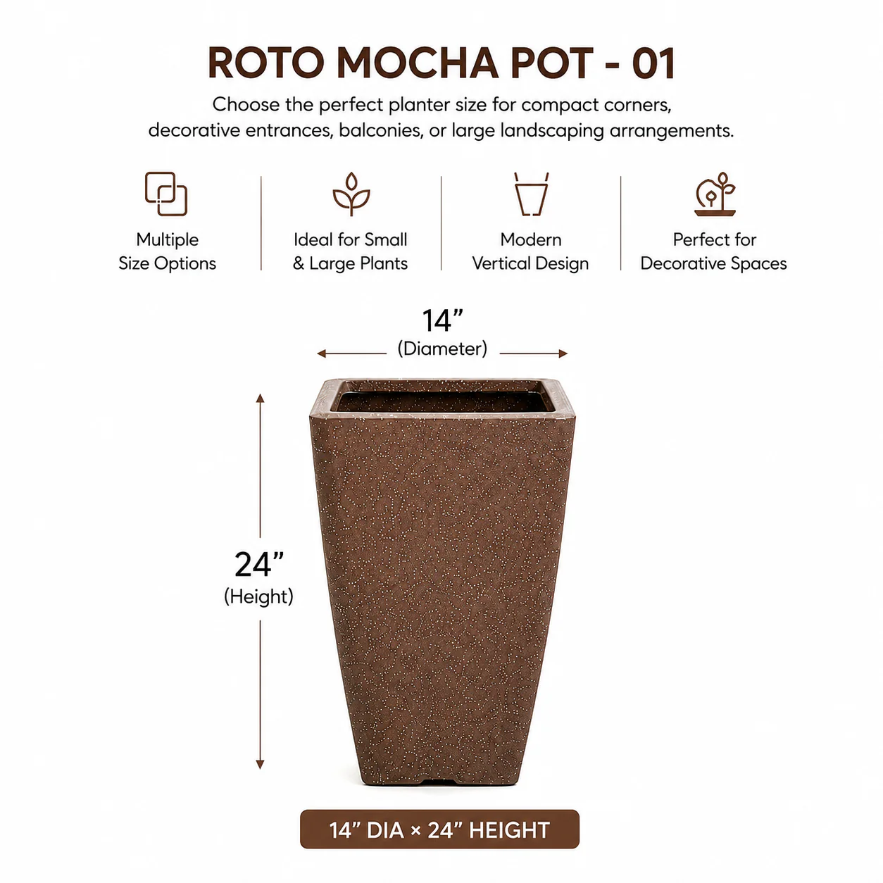 ROTO MOCHA Pot – Long Square Planter with Dot Finish Colour - Image 8