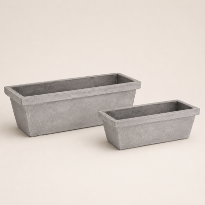 Two grey Antica rectangular planters of different sizes displayed against a plain background.