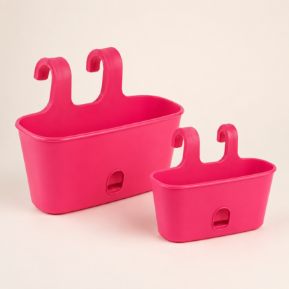 Two pink Balcony Grand Hook Planters in different sizes against a light background.