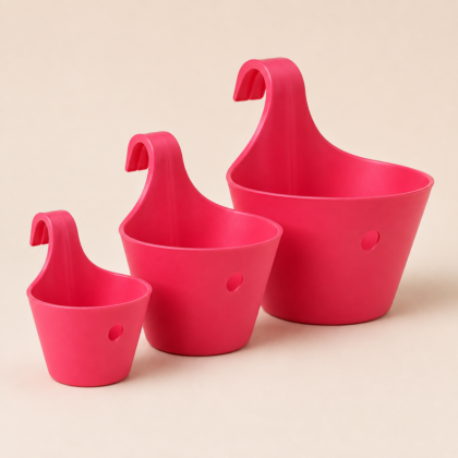 Three pink balcony hook planters in small, medium, and large sizes displayed on a light background.