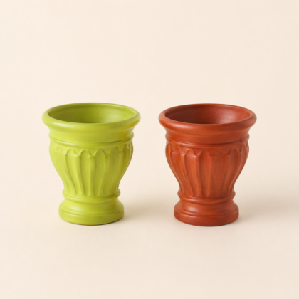 Two decorative Bouquet Pots, one green and one reddish-brown, shown against a neutral background.