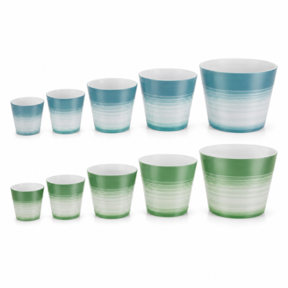 Cherry Fancy Planters displayed in two rows of five increasing sizes, featuring blue and green gradient striped designs.