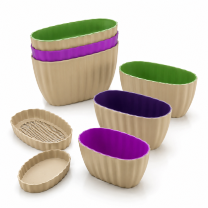 Several oval Corolla planters in various configurations with tan exteriors and green or purple interiors.