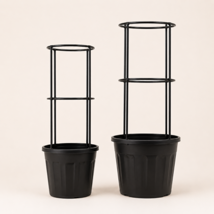 Two black plant pots with built-in metal creeper supports of different heights.