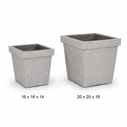 Two Icon Square Planters in different sizes, with dimensions 16 x 16 x 14 and 20 x 20 x 18 listed below them.