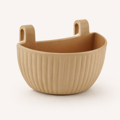 Tan Jasmine Balcony Planter with vertical ribbing and two hanging hooks on the back.