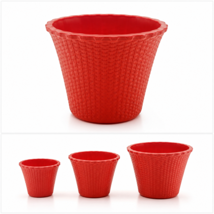 Red Leher Planter shown individually and in three ascending sizes side by side against a white background.