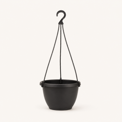 Lilly Hanging Planter in black with a top hook and attached hanging cords.