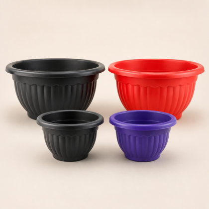Four Lotus Planters in black, red, and purple in different sizes on a neutral background.