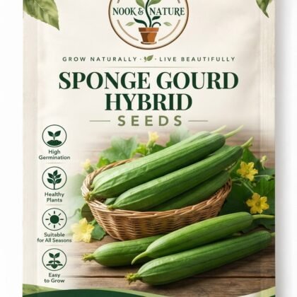 Nook & Nature Sponge Gourd Hybrid seeds packet with fresh green gourds in a basket.