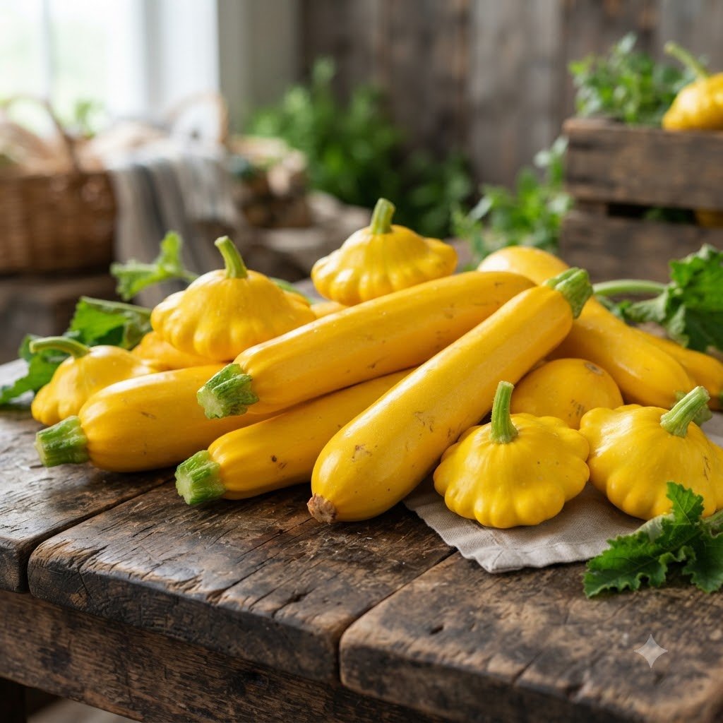 A pile of fresh yellow summer squash on a rustic wooden table.