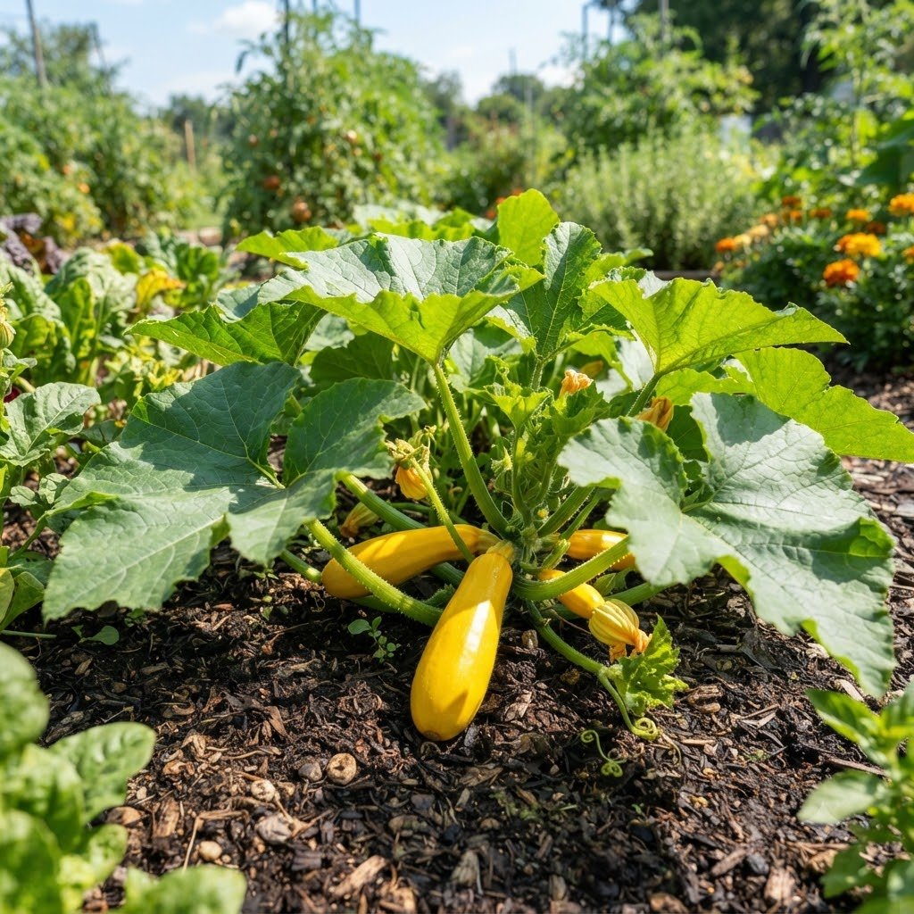A vibrant summer squash plant growing in a garden bed, with yellow squash and green leaves.
