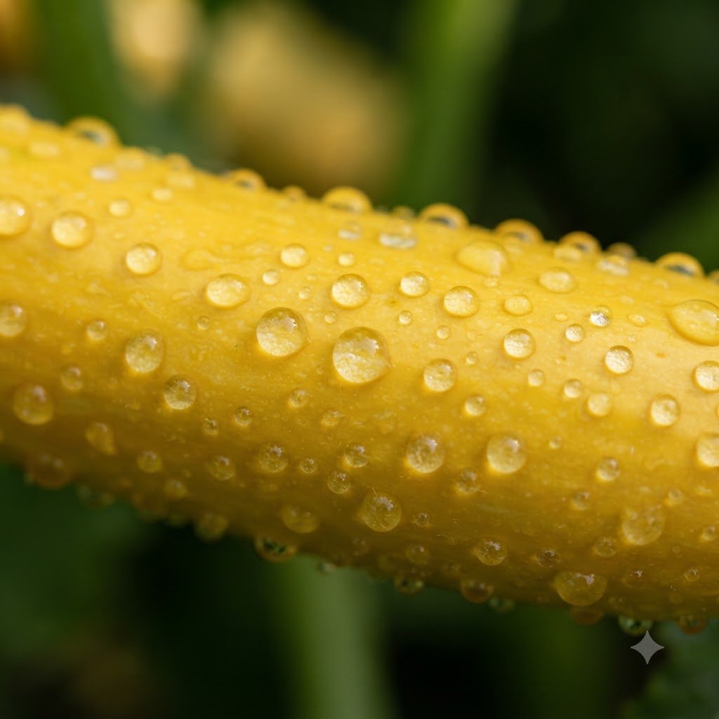 Close-up of a yellow summer squash covered in water droplets.