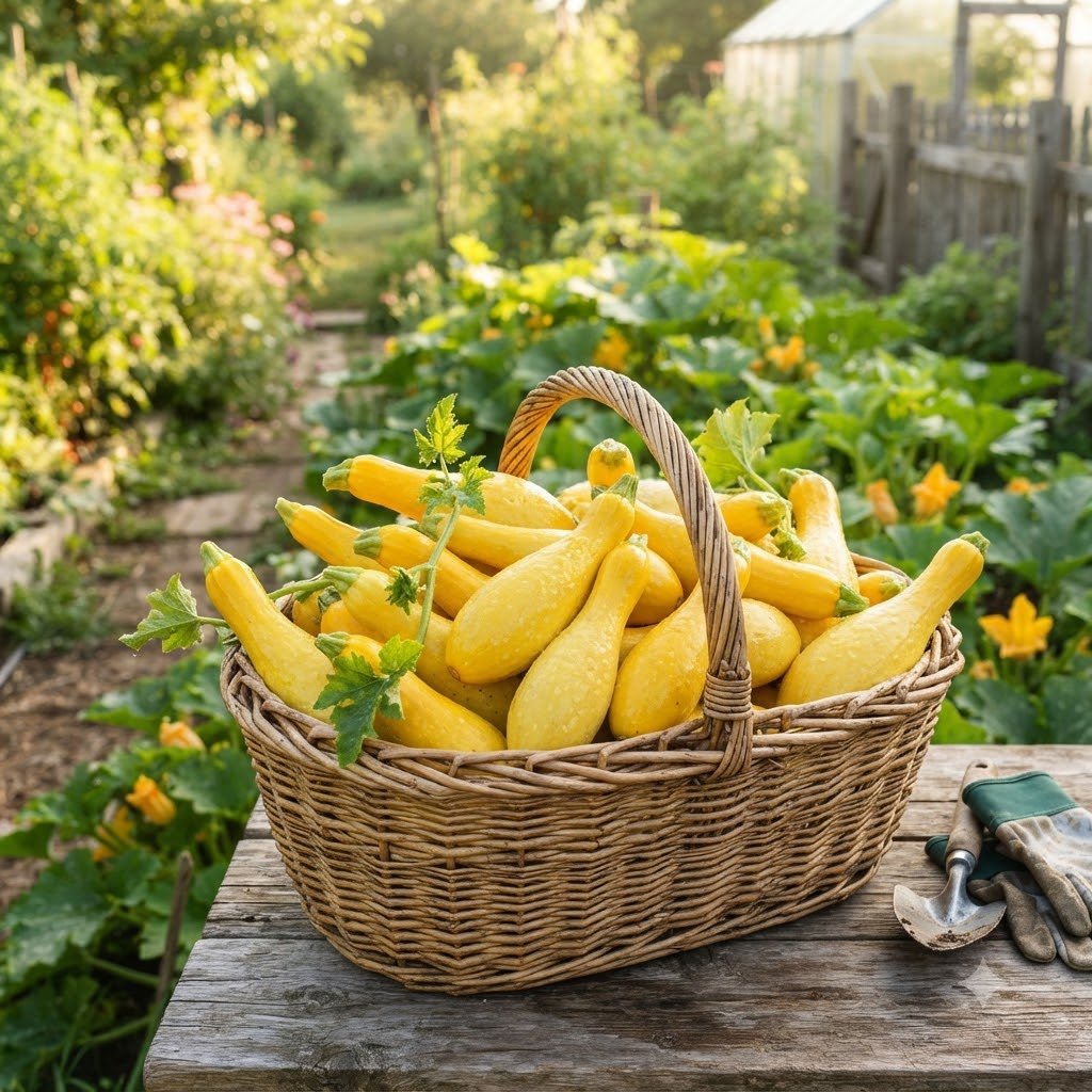 Wicker basket filled with freshly harvested yellow summer squash on a rustic wooden table in a garden.