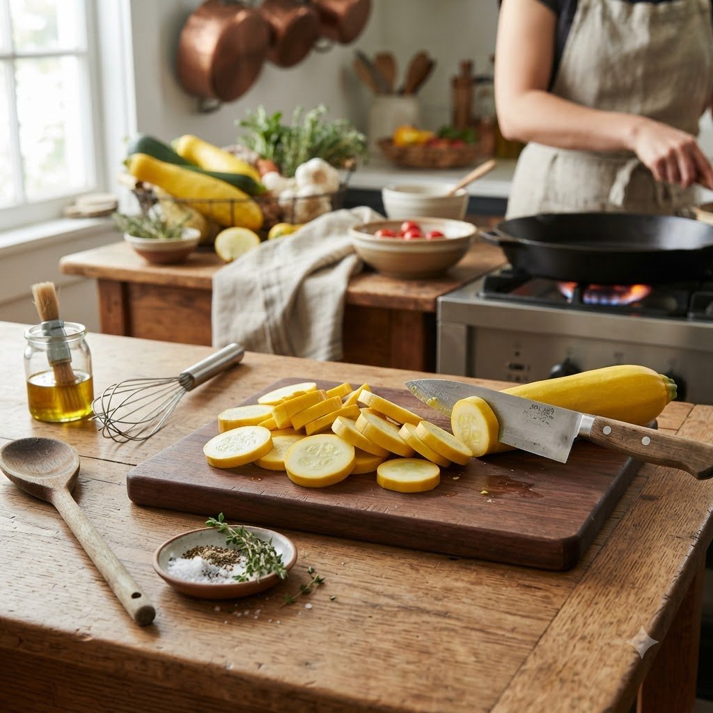 Slices of summer squash on a wooden cutting board with a knife, whisk, and seasonings in a rustic kitchen.