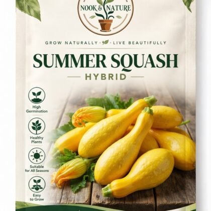 Nook and Nature Summer Squash Hybrid seed packet featuring yellow squash on wood.