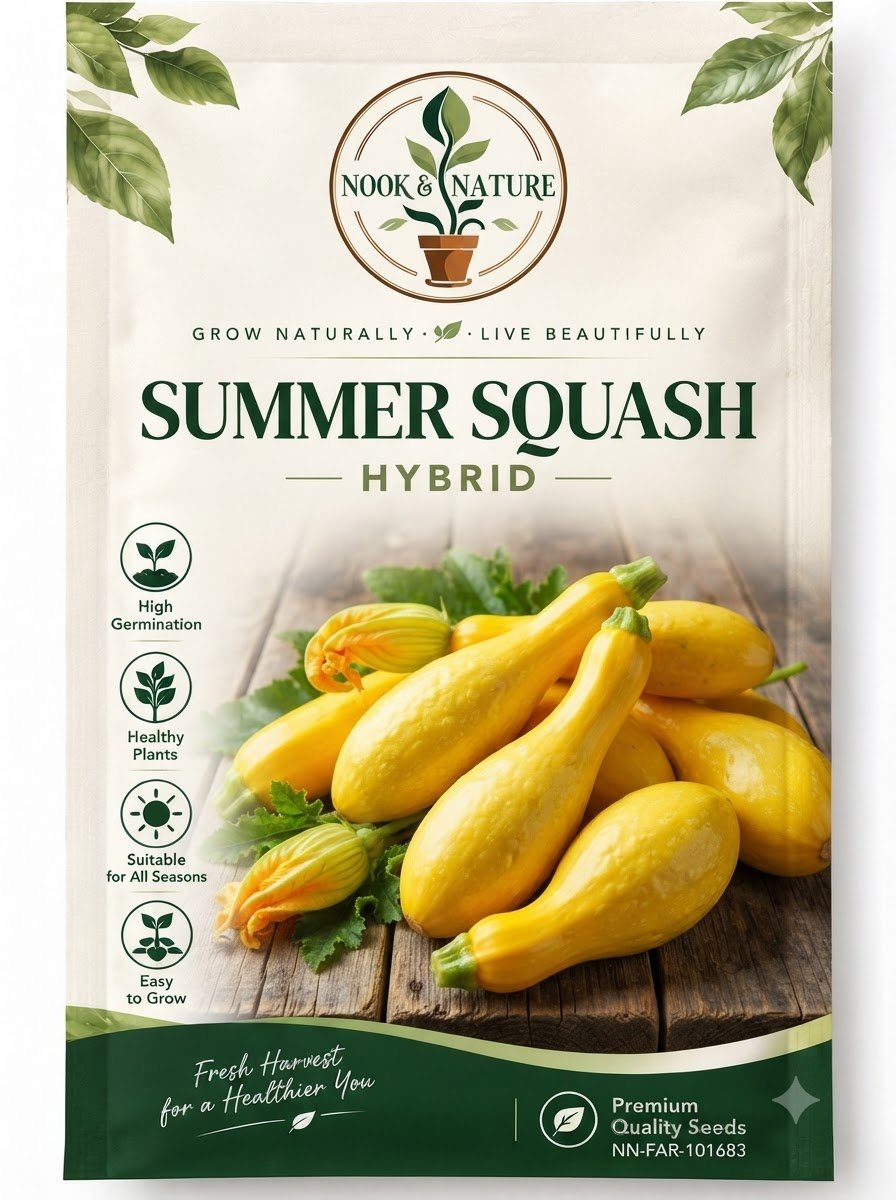 Nook and Nature Summer Squash Hybrid seed packet featuring yellow squash on wood.