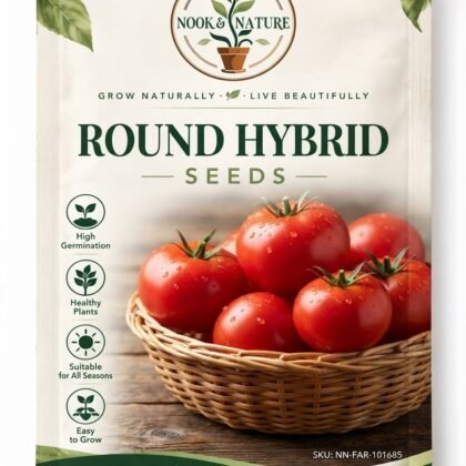 Nook & Nature seed packet for Round Hybrid Tomatoes showing fresh tomatoes in a basket.