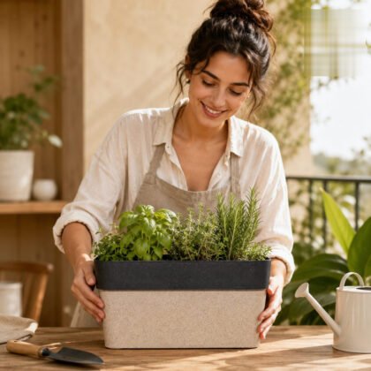 Woman holding an Arty Rectangle Eco Planter filled with fresh herbs on a wooden table.