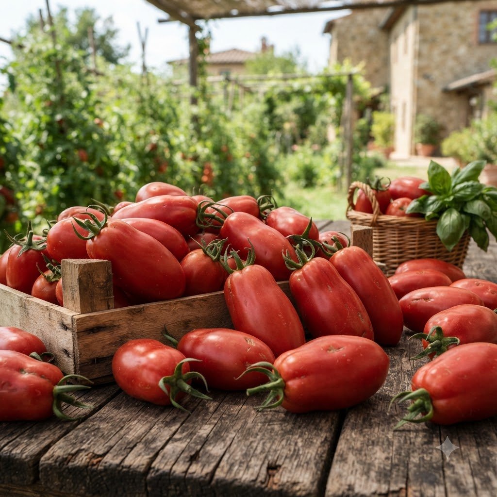 Freshly harvested San Marzano tomatoes in a wooden crate and scattered on a rustic wooden table.