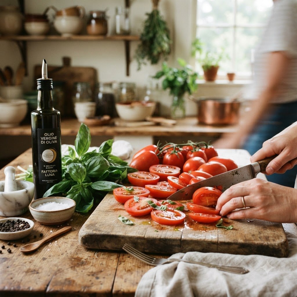Person slicing fresh San Marzano tomatoes on a wooden cutting board with olive oil and basil.