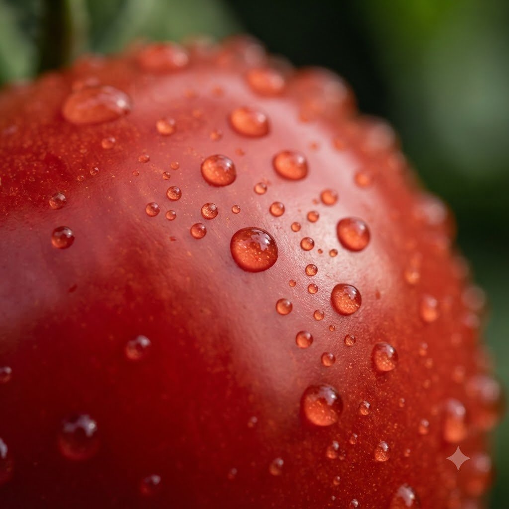 Close-up of a fresh red San Marzano tomato covered in water droplets.