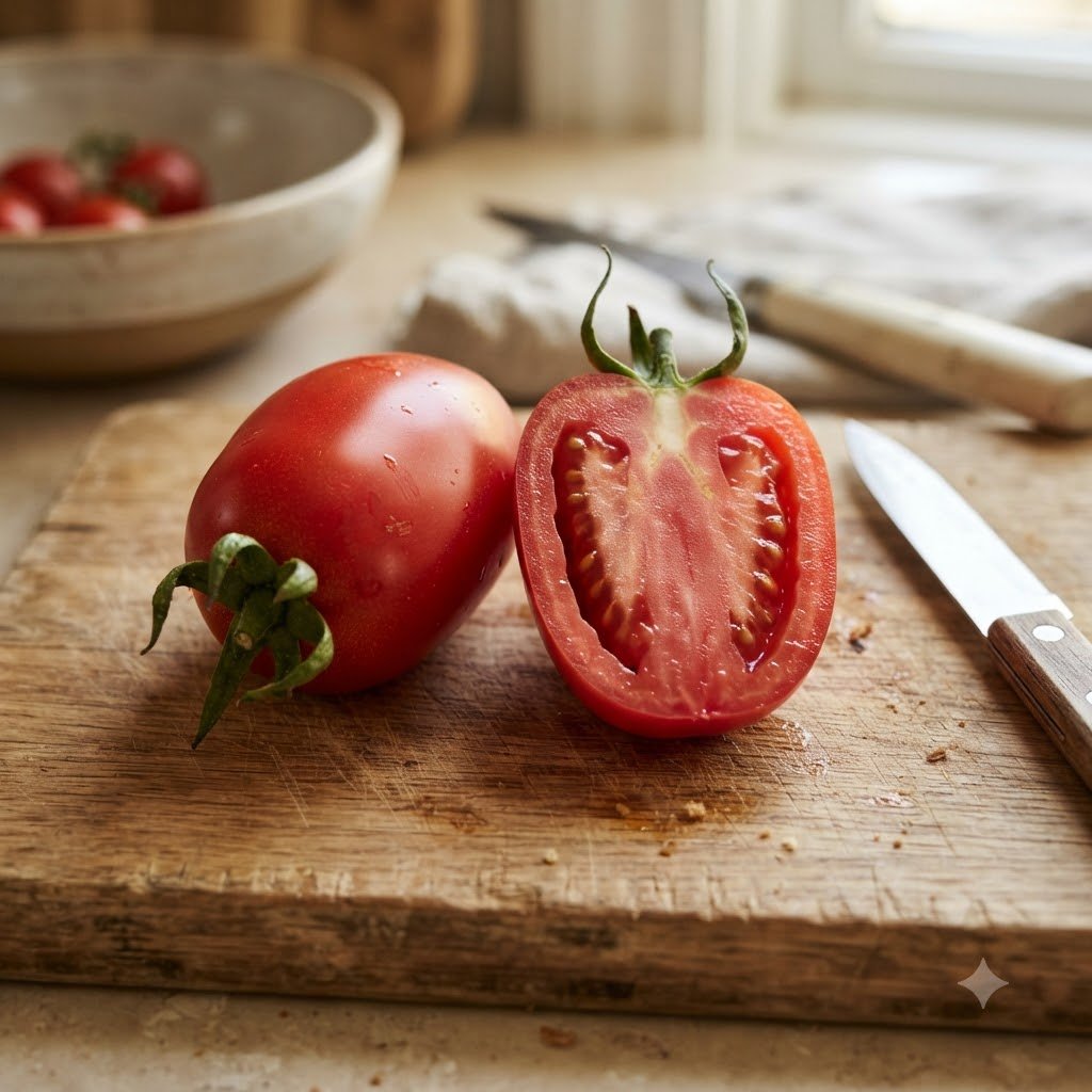 San Marzano tomatoes on a wooden cutting board, one whole and one sliced in half next to a knife.