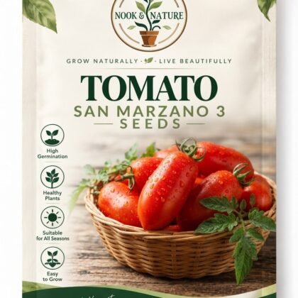 Seed packet for Tomato San Marzano 3 featuring a basket of elongated red tomatoes.