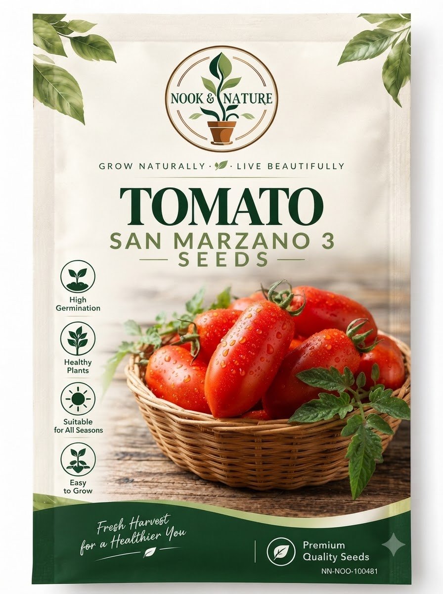 Seed packet for Tomato San Marzano 3 featuring a basket of elongated red tomatoes.