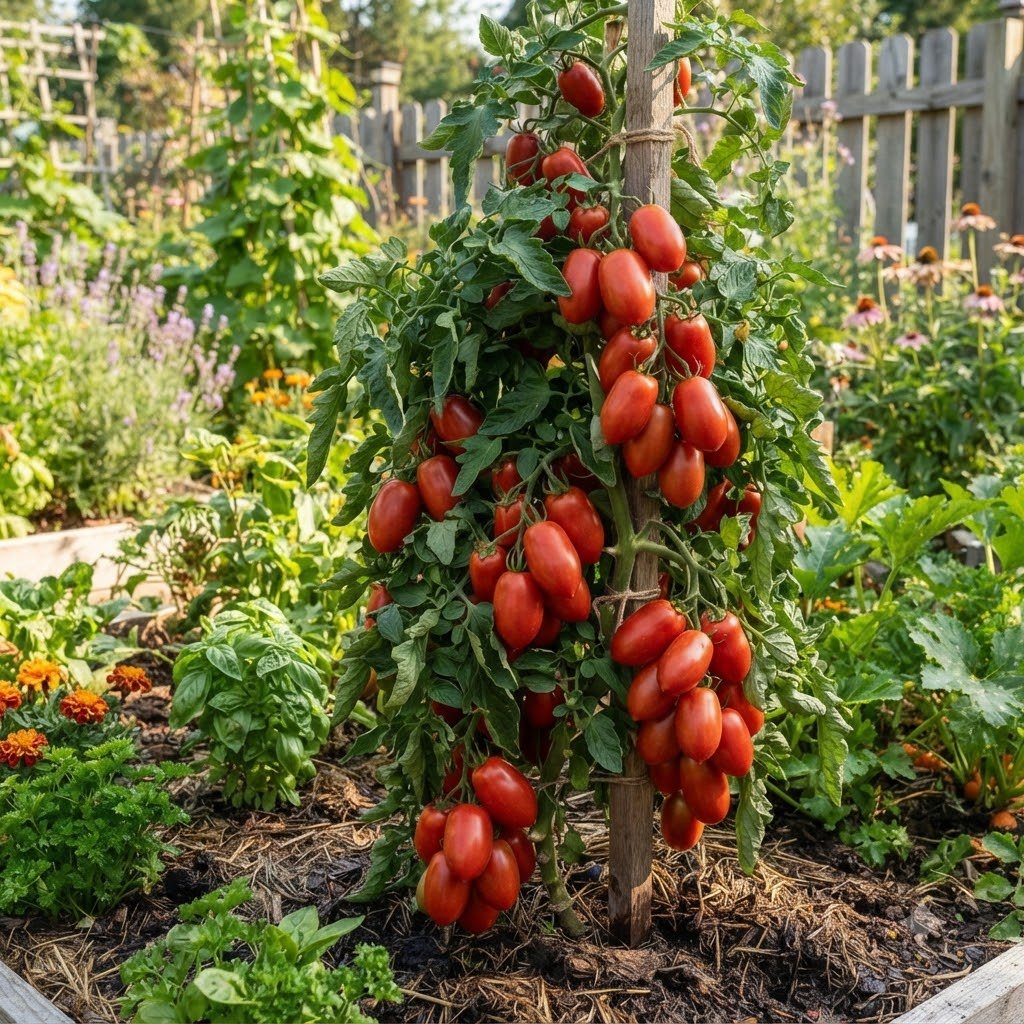 Staked Roma VF tomato plant laden with heavy clusters of ripe plum tomatoes in a garden.