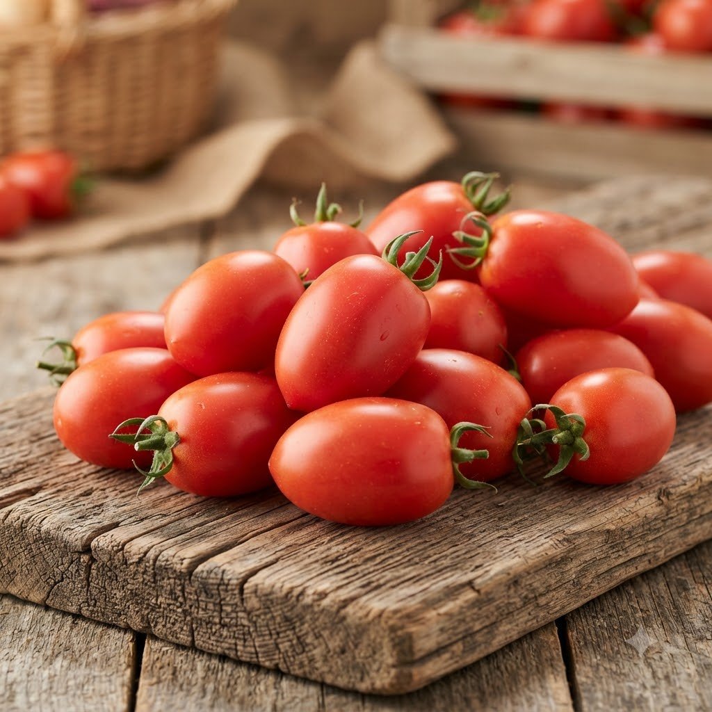 A pile of fresh red Roma tomatoes on a rustic wooden board.