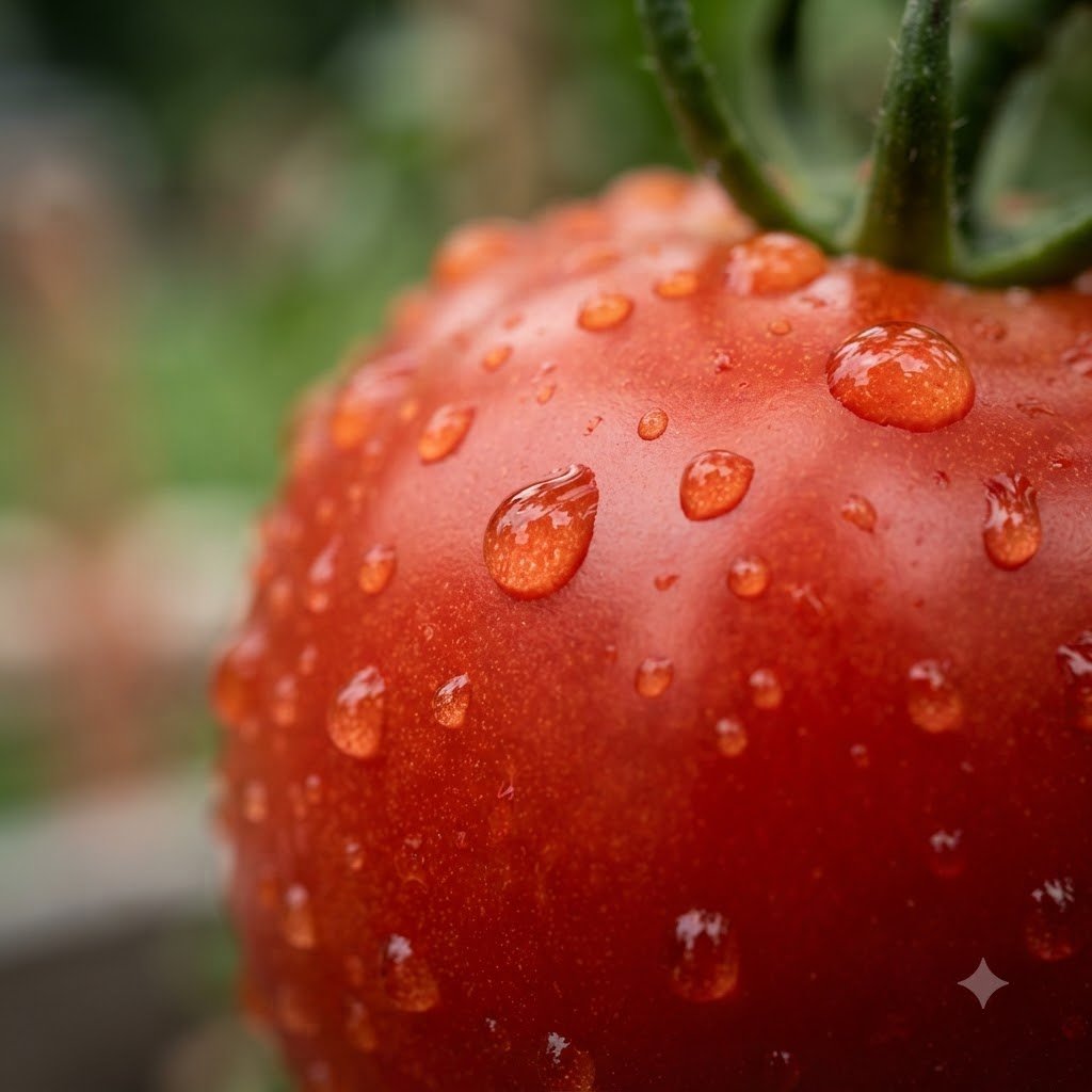 Close-up of a fresh Roma VF tomato covered in dew drops.