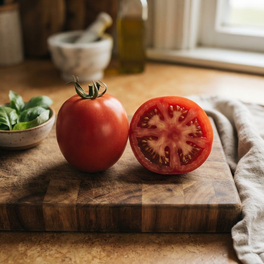 A whole tomato and a sliced tomato half on a wooden cutting board with basil.