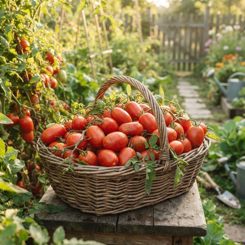 A woven basket filled with freshly harvested Roma VF tomatoes sits on a wooden stool in a garden.
