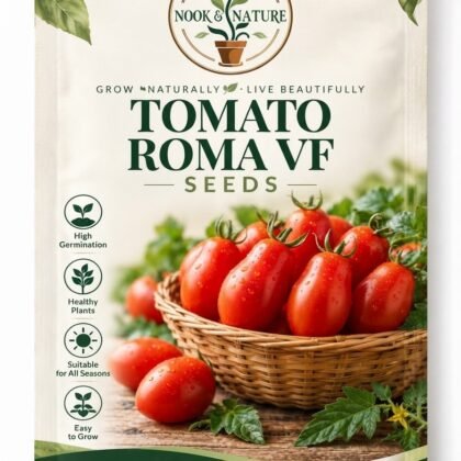 Nook & Nature Tomato Roma VF seed packet featuring a basket of fresh red plum tomatoes.
