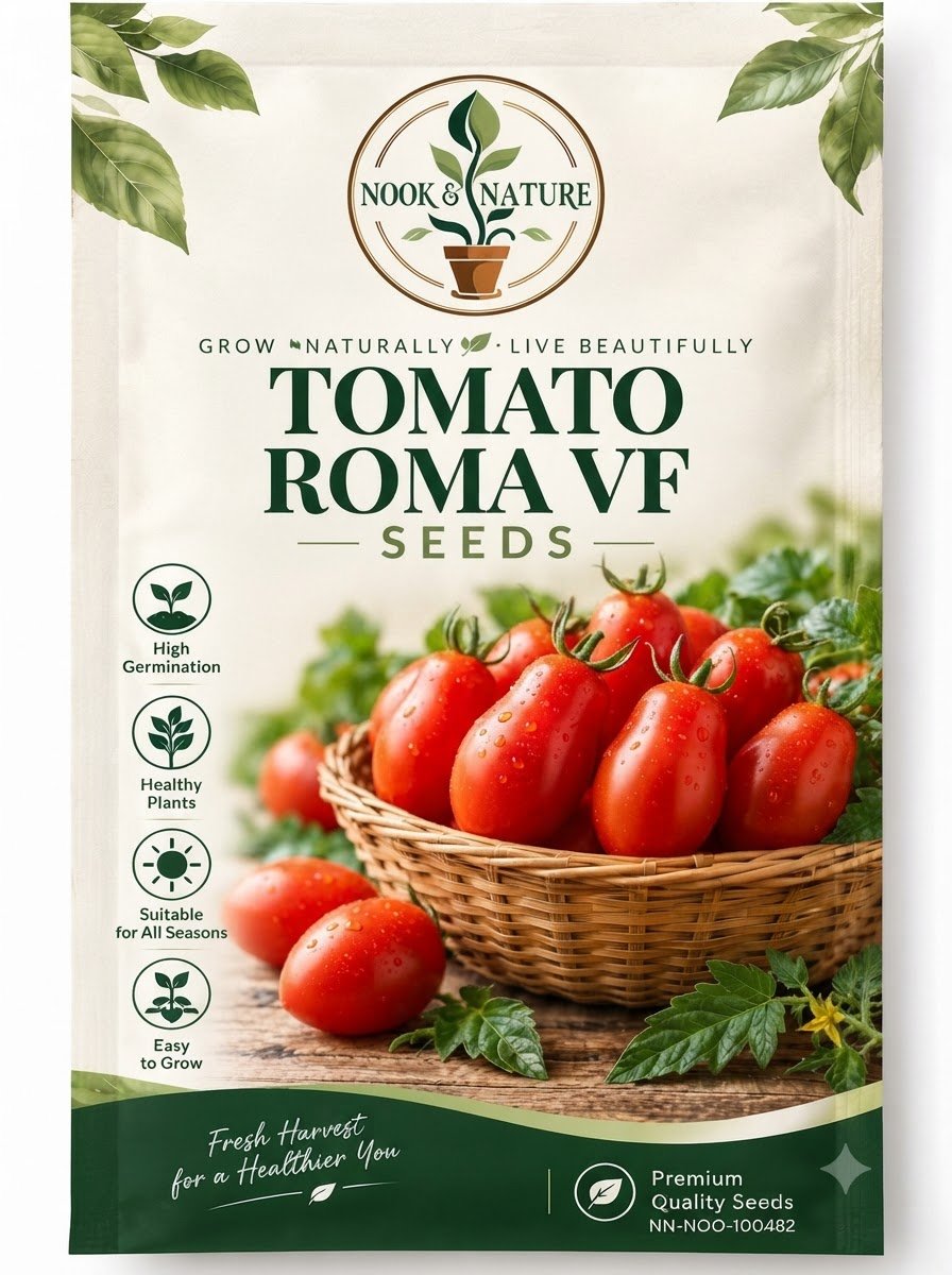 Nook & Nature Tomato Roma VF seed packet featuring a basket of fresh red plum tomatoes.