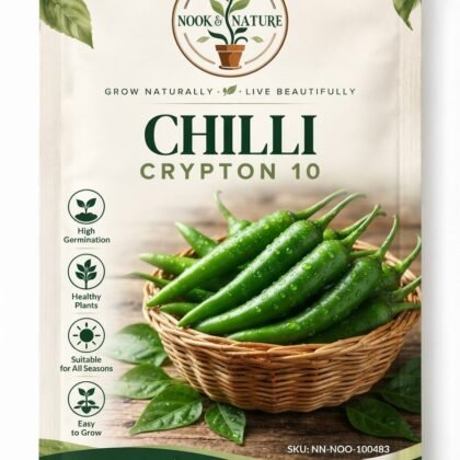 Nook & Nature Chilli Crypton 10 seed packet featuring a basket of fresh green chillies.
