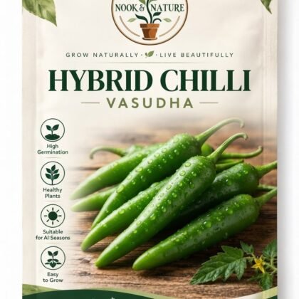 Nook and Nature Hybrid Chilli Vasudha seed packet showing fresh green chillies on a wooden surface
