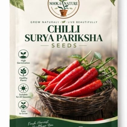 Nook and Nature Chilli Surya Pariksha seed packet featuring a basket of fresh chillies.