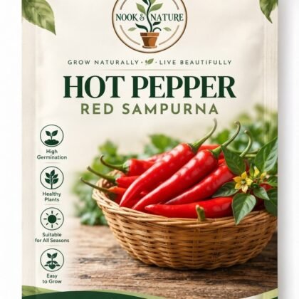 Seed packet for Hot Pepper Red Sampurna featuring a basket of red hot peppers and key growing icons.