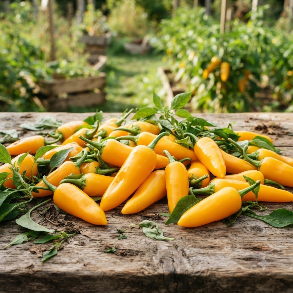 A pile of freshly harvested yellow hot peppers on a wooden table outdoors.