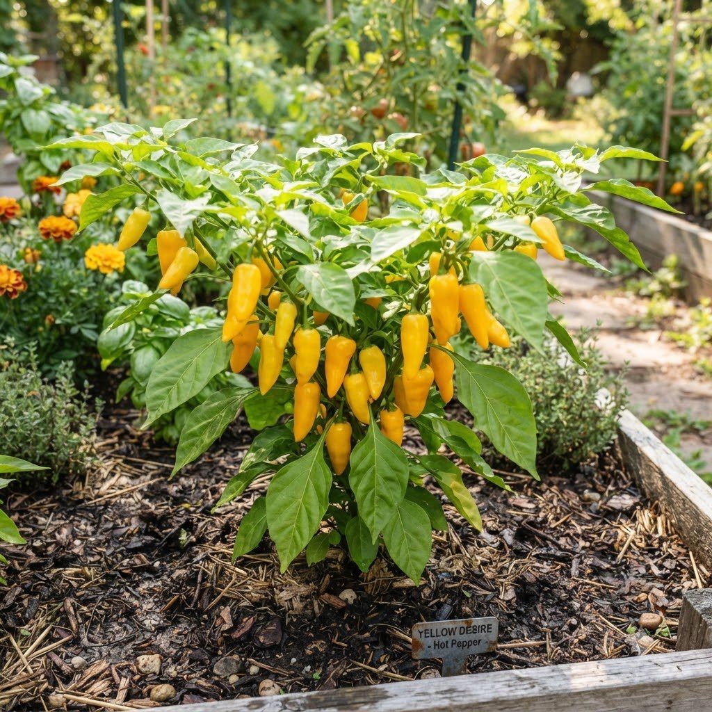 A potted Hot Pepper Yellow Desire plant laden with ripe yellow peppers in a garden.