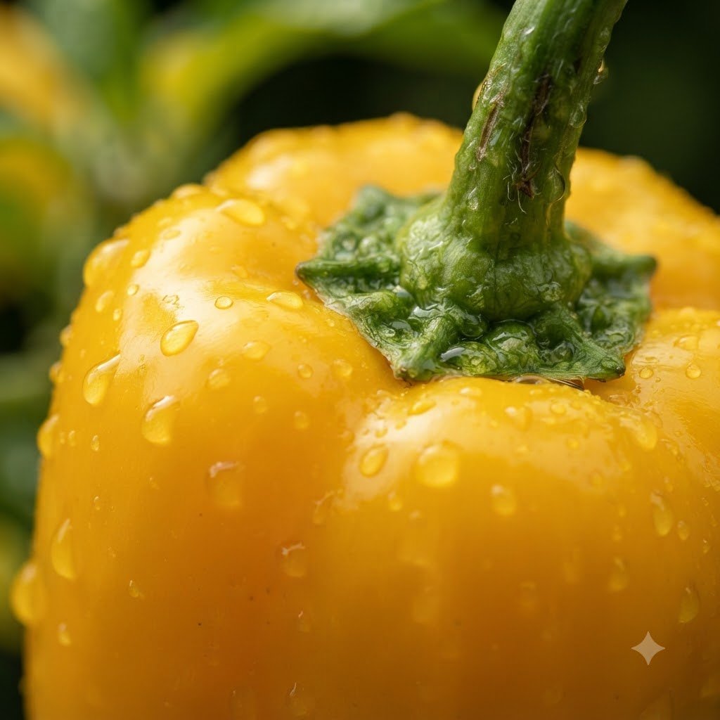 Close-up of a vibrant yellow hot pepper covered in dew drops with its green stem attached.