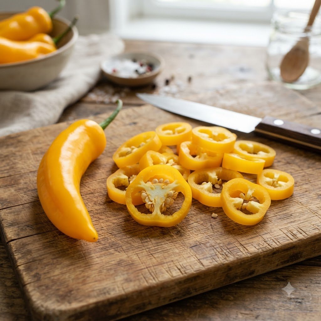 A whole yellow hot pepper and several sliced rings on a wooden cutting board with a knife.