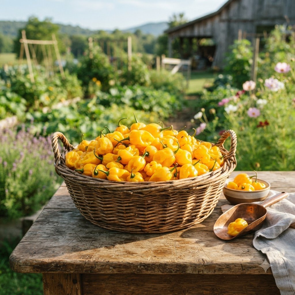 Large woven basket overflowing with freshly harvested yellow hot peppers on a rustic wooden table in a garden.
