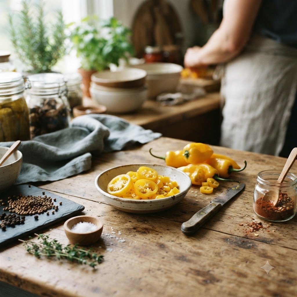 Sliced yellow peppers in a small bowl on a wooden kitchen counter with spices and jars.