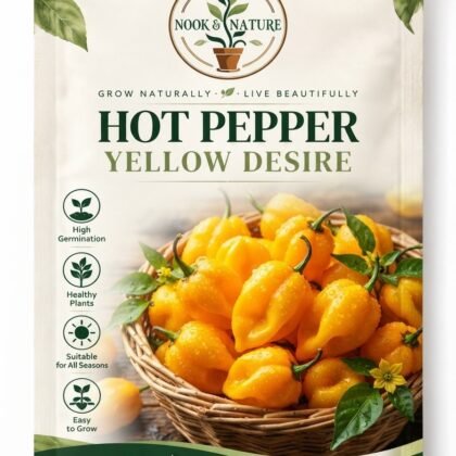 Nook and Nature seed packet for Hot Pepper Yellow Desire featuring a basket of yellow hot peppers.