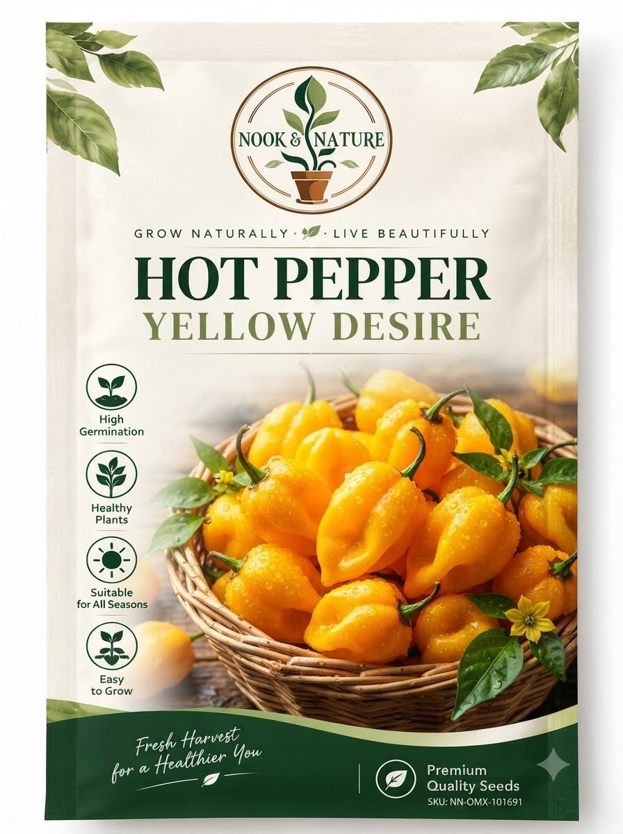 Nook and Nature seed packet for Hot Pepper Yellow Desire featuring a basket of yellow hot peppers.