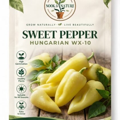 Nook & Nature seed packet for Sweet Pepper Hungarian WX-10 featuring pale yellow peppers.